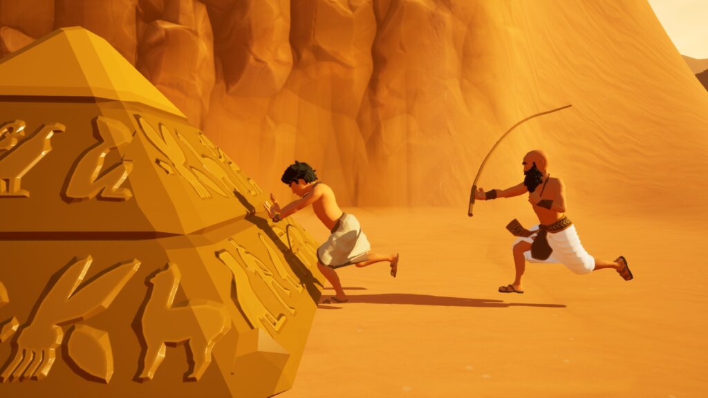 Worker pushing a Pyramidion as the Foreman is Whipping him