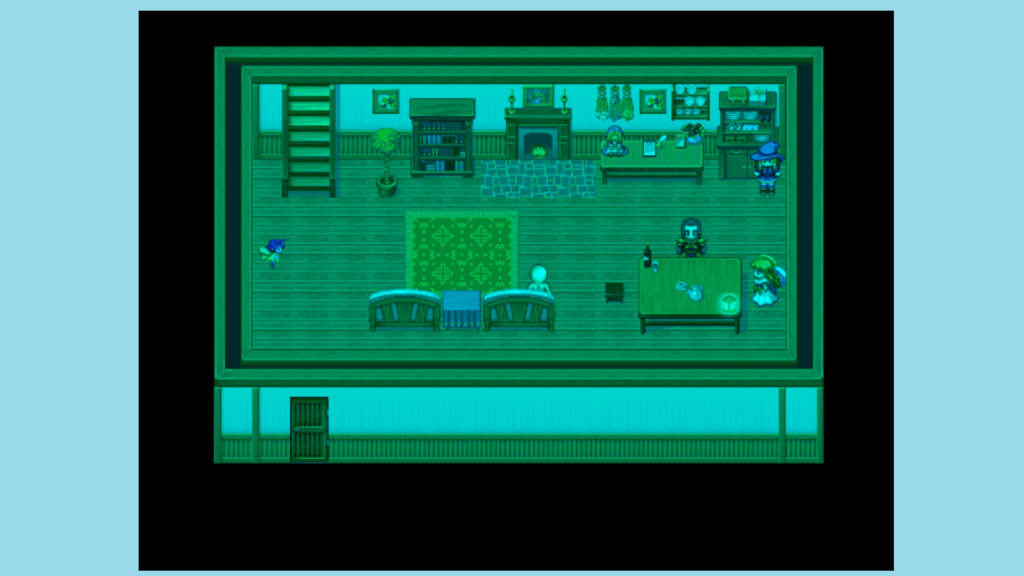 Green-lit pixel art interior with wooden floors, beds, tables, a fireplace, shelves, and several characters in Pocket Spouse.