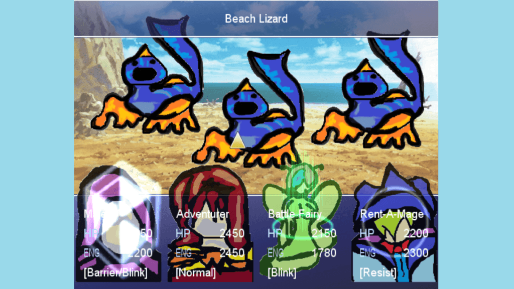 A Pocket Spouse battle against three blue and orange Beach Lizard enemies on a sandy coastal battlefield.