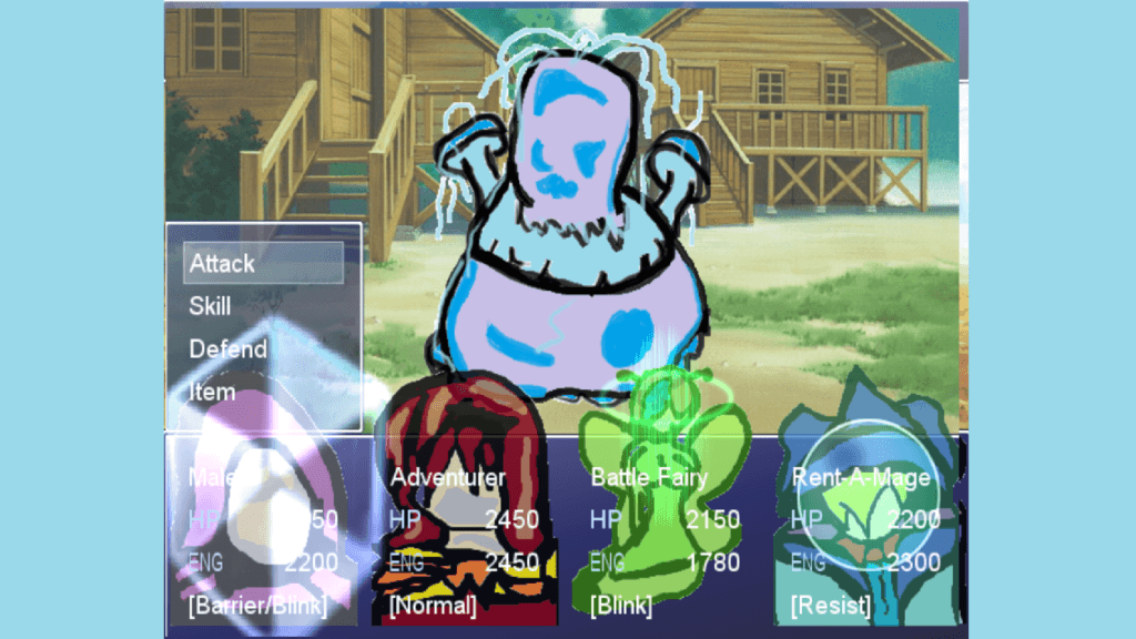 Turn-based battle in Pocket Spouse showing a large blue enemy, four party members, and commands for Attack, Skill, Defend, and Item.