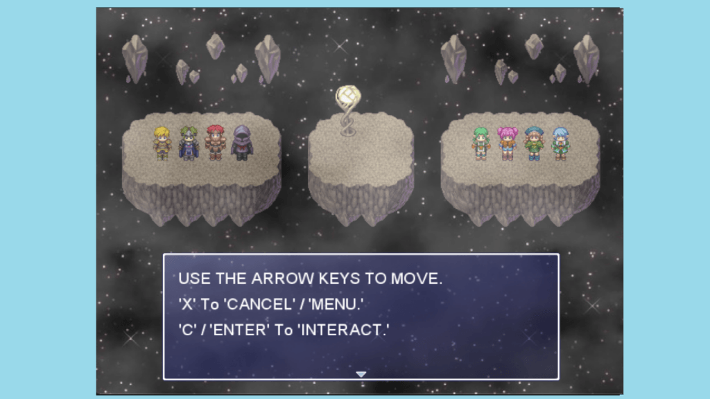 Eight pixel art characters stand on floating platforms beside a glowing symbol, with movement and interaction instructions displayed below.