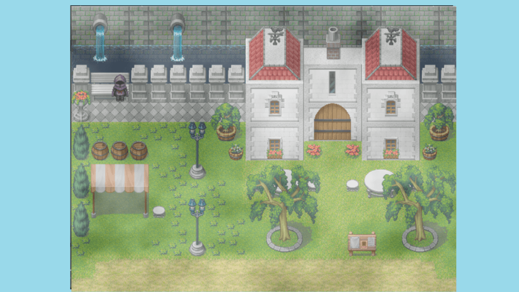 Pixel art courtyard with a large white building, trees, barrels, flower beds, street lamps, and an outdoor market canopy in Pocket Spouse.