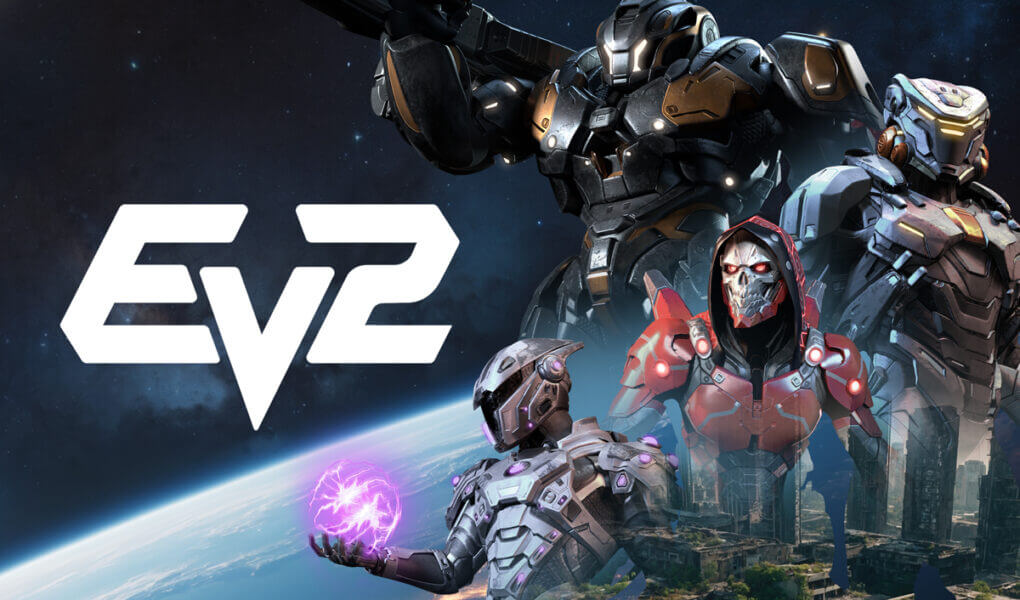 EV2 game banner featuring armored heroes in space above Earth with glowing abilities