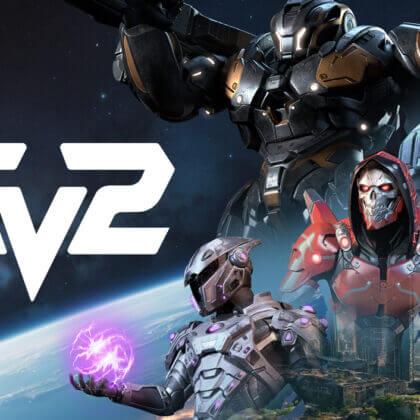 EV2 game banner featuring armored heroes in space above Earth with glowing abilities