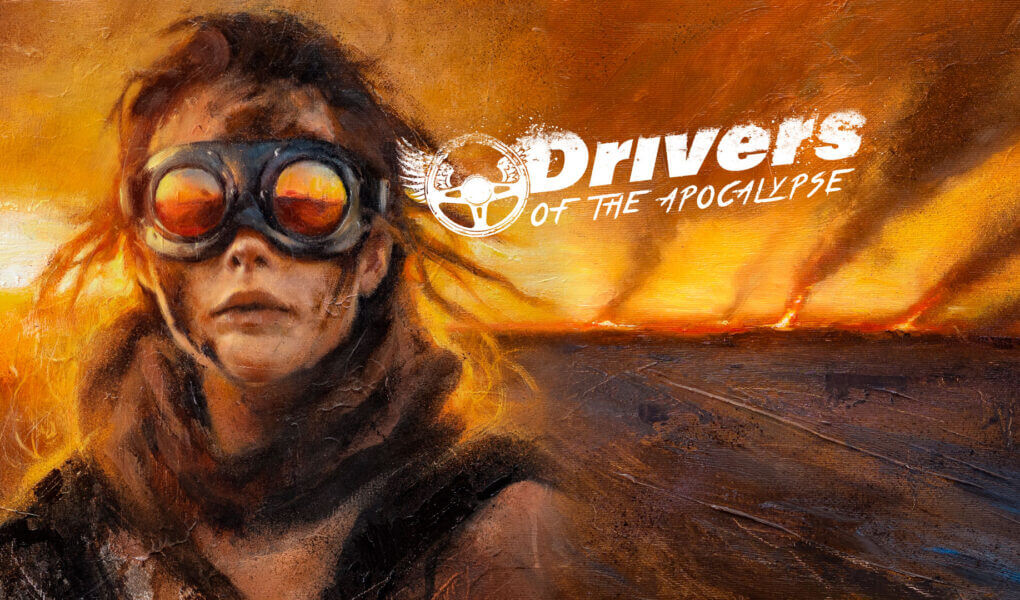 Stylized artwork of a wasteland survivor with goggles and sandstorms in the background, promoting Drivers of the Apocalypse.