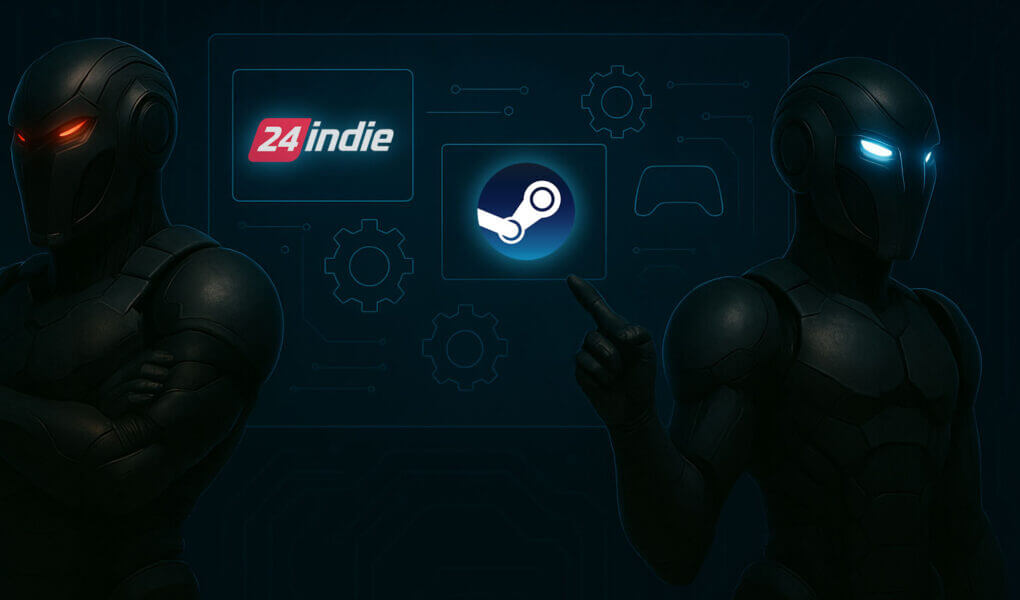Futuristic 24indie robot characters pointing at Steam and 24indie logos surrounded by gaming icons and tech interface