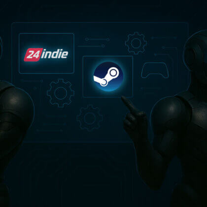 Futuristic 24indie robot characters pointing at Steam and 24indie logos surrounded by gaming icons and tech interface