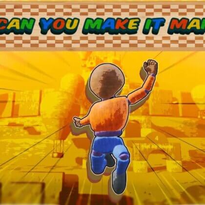 Stylized character leaping toward a wooden obstacle course with the “Can You Make It Man” logo above.