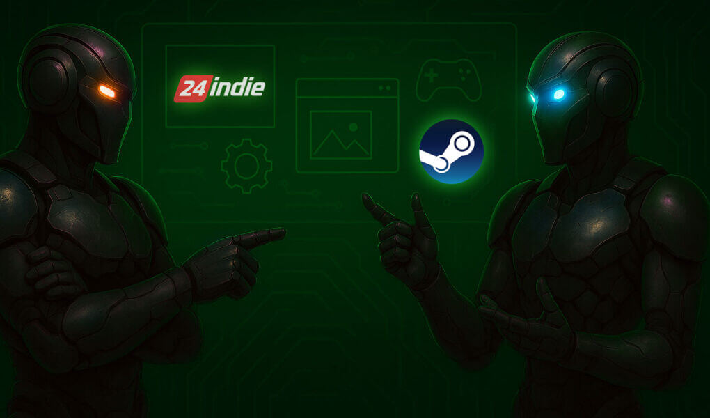 Futuristic robots pointing at the Steam logo and 24indie interface representing game store optimization - Write a Steam Page