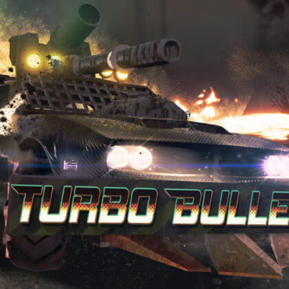Armored muscle car firing heavy weaponry in explosive combat scene from Turbo Bullets