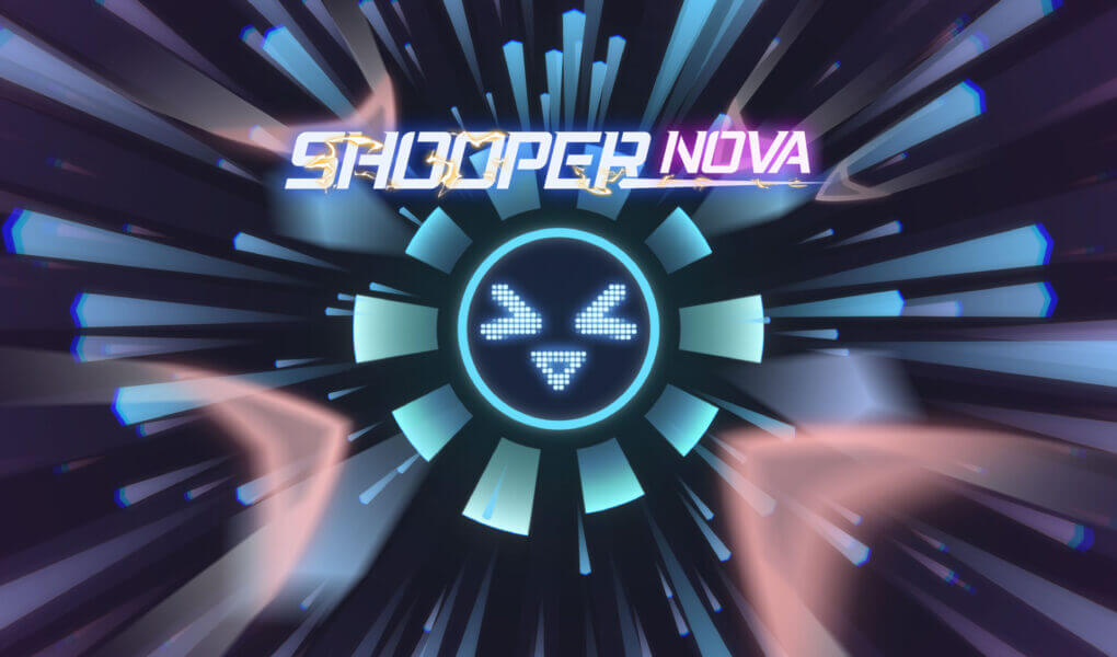 Shooper Nova title screen with glowing logo and digital emoticon face in a burst of radial light.