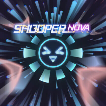 Shooper Nova title screen with glowing logo and digital emoticon face in a burst of radial light.