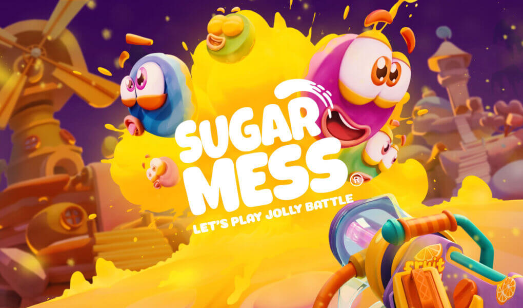Colorful logo of Sugar Mess – Let’s Play Jolly Battle with smiling candy characters exploding out of yellow goo.
