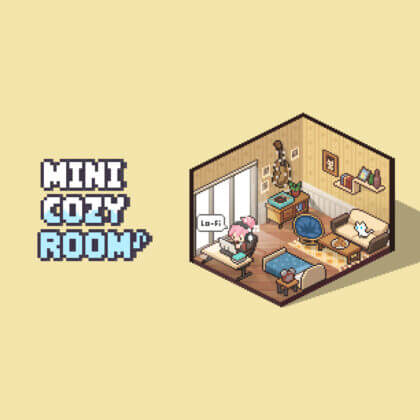Mini Cozy Room Lo-Fi promotional art showing a pixel-art styled room with a cozy desk setup.