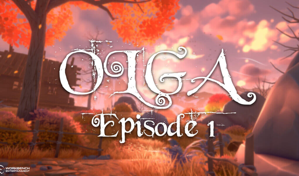 Olga Episode 1 game title overlaid on a stylized mountain village background