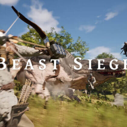 Armored archer aims at a massive beast while another player launches through the air in Beast Siege