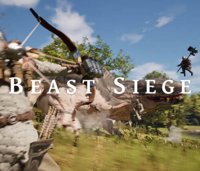 Armored archer aims at a massive beast while another player launches through the air in Beast Siege