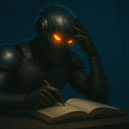 A futuristic robot with glowing orange eyes studying a book intently, symbolizing deep learning and analysis — perfect for illustrating the value of studying game design theory.