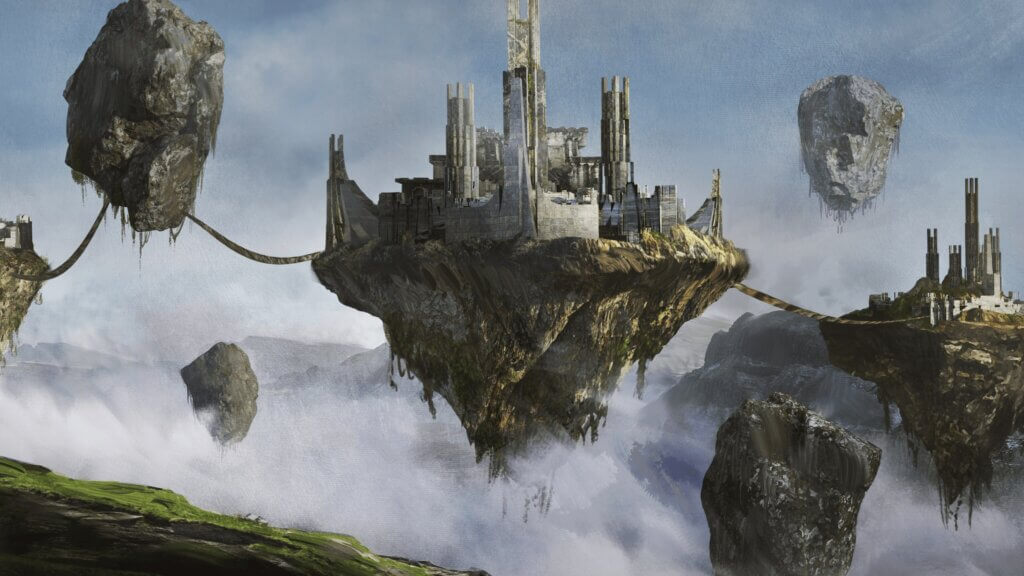 Lyuminans are situated with their Kristal on the levitating island.