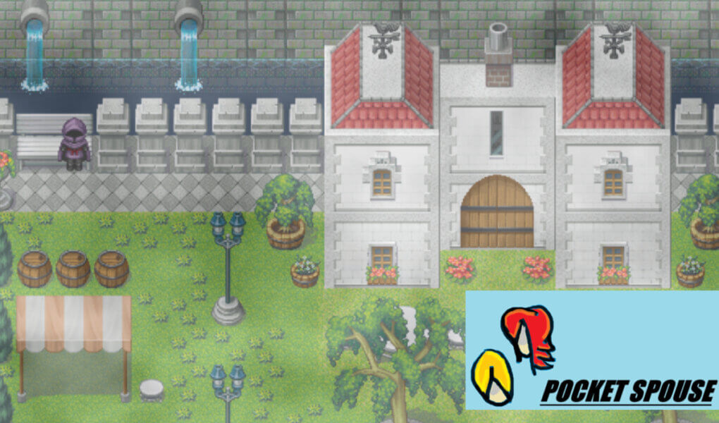 Pixel art courtyard with a large white building, trees, barrels, flower beds, street lamps, and an outdoor market canopy in Pocket Spouse.