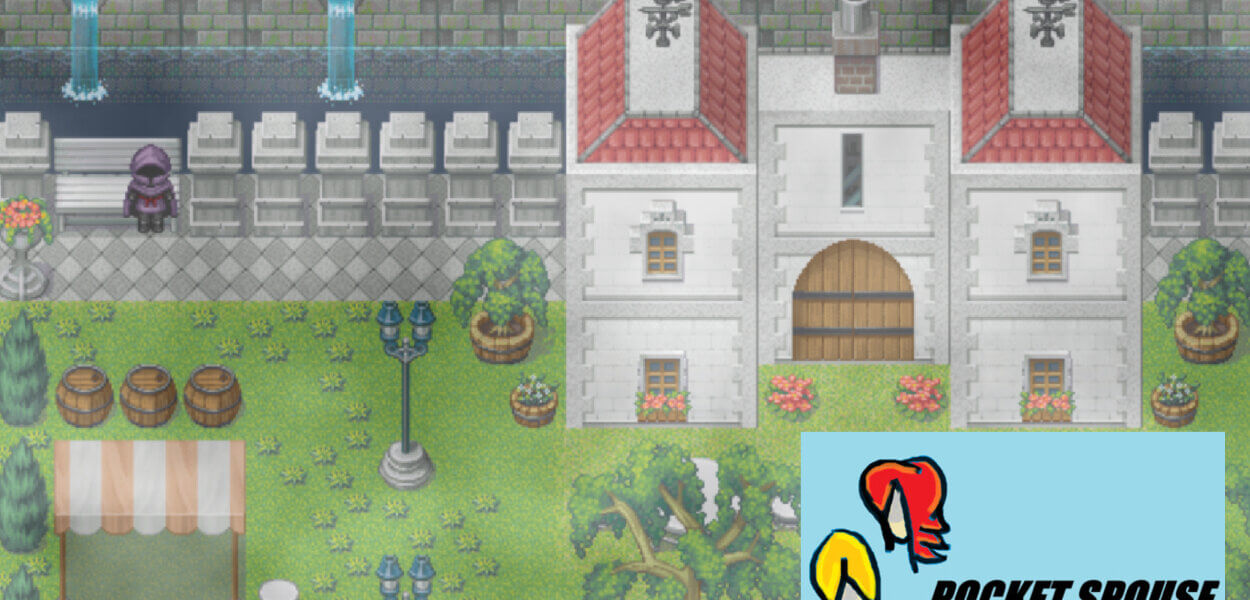 Pixel art courtyard with a large white building, trees, barrels, flower beds, street lamps, and an outdoor market canopy in Pocket Spouse.