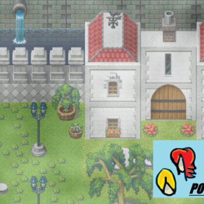 Pixel art courtyard with a large white building, trees, barrels, flower beds, street lamps, and an outdoor market canopy in Pocket Spouse.