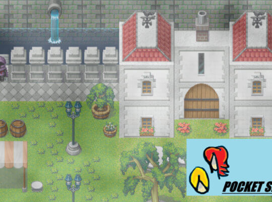 Pixel art courtyard with a large white building, trees, barrels, flower beds, street lamps, and an outdoor market canopy in Pocket Spouse.