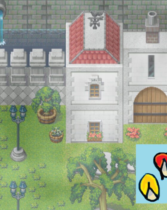Pixel art courtyard with a large white building, trees, barrels, flower beds, street lamps, and an outdoor market canopy in Pocket Spouse.