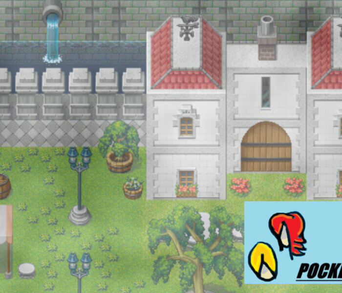 Pixel art courtyard with a large white building, trees, barrels, flower beds, street lamps, and an outdoor market canopy in Pocket Spouse.