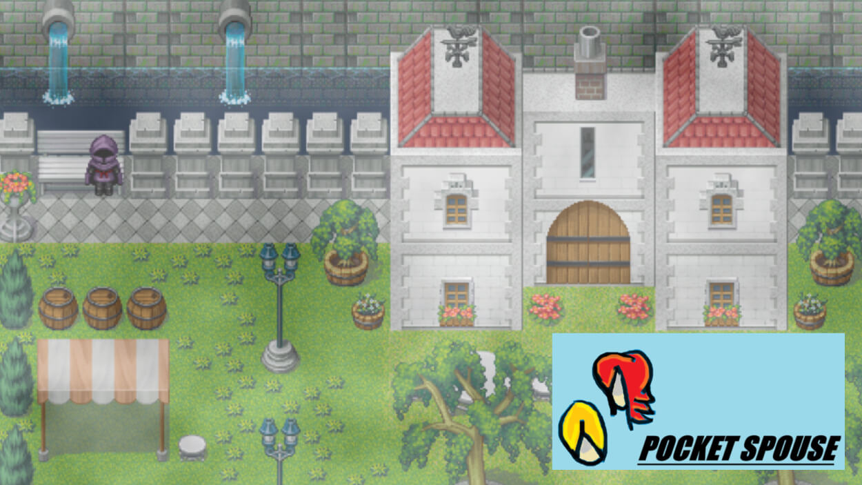 Pixel art courtyard with a large white building, trees, barrels, flower beds, street lamps, and an outdoor market canopy in Pocket Spouse.