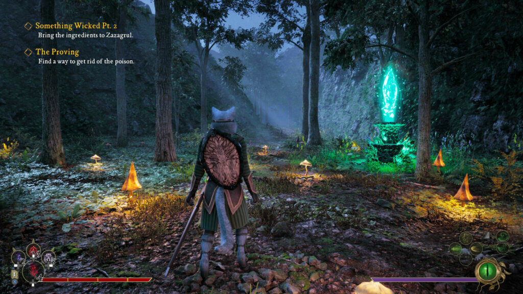 In the magical forest the protagonist is surrounded by Kristals that are speaking to him.