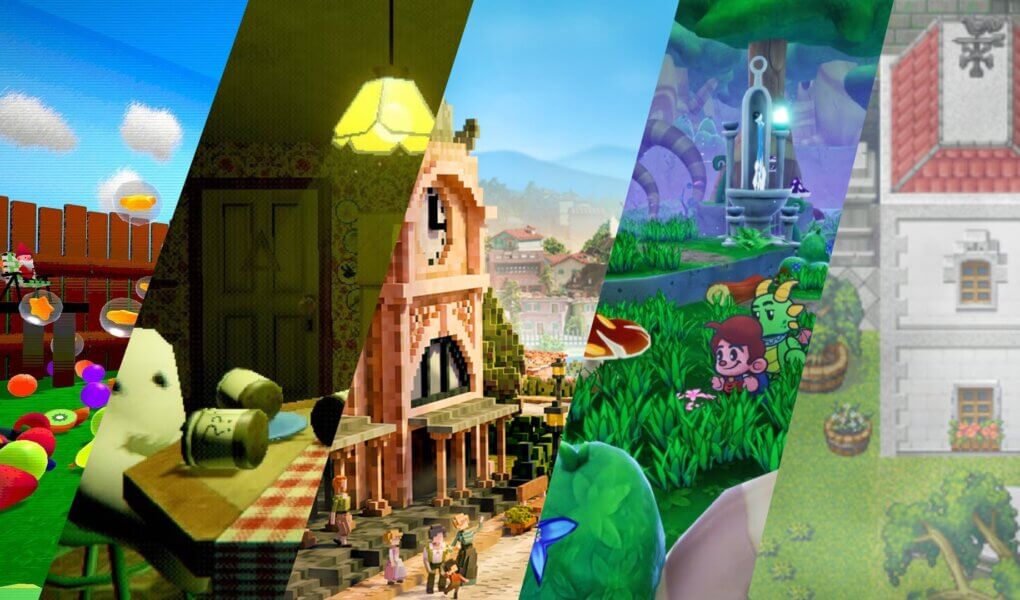 5 Indie Games to Play This Summer featured image with colorful farming, cooking, berry garden, fantasy adventure, and Mediterranean town scenes