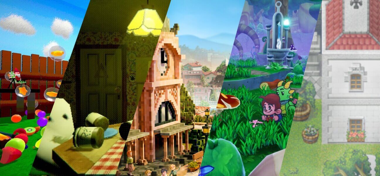 5 Indie Games to Play This Summer featured image with colorful farming, cooking, berry garden, fantasy adventure, and Mediterranean town scenes