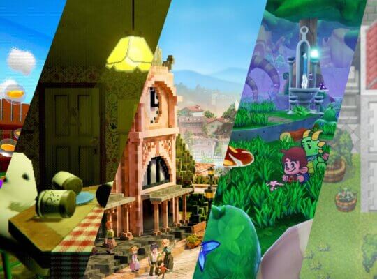 5 Indie Games to Play This Summer featured image with colorful farming, cooking, berry garden, fantasy adventure, and Mediterranean town scenes