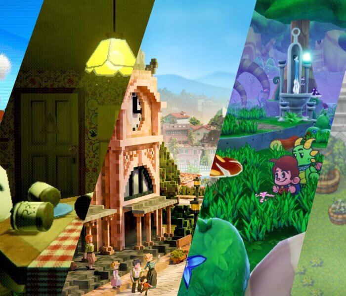5 Indie Games to Play This Summer featured image with colorful farming, cooking, berry garden, fantasy adventure, and Mediterranean town scenes
