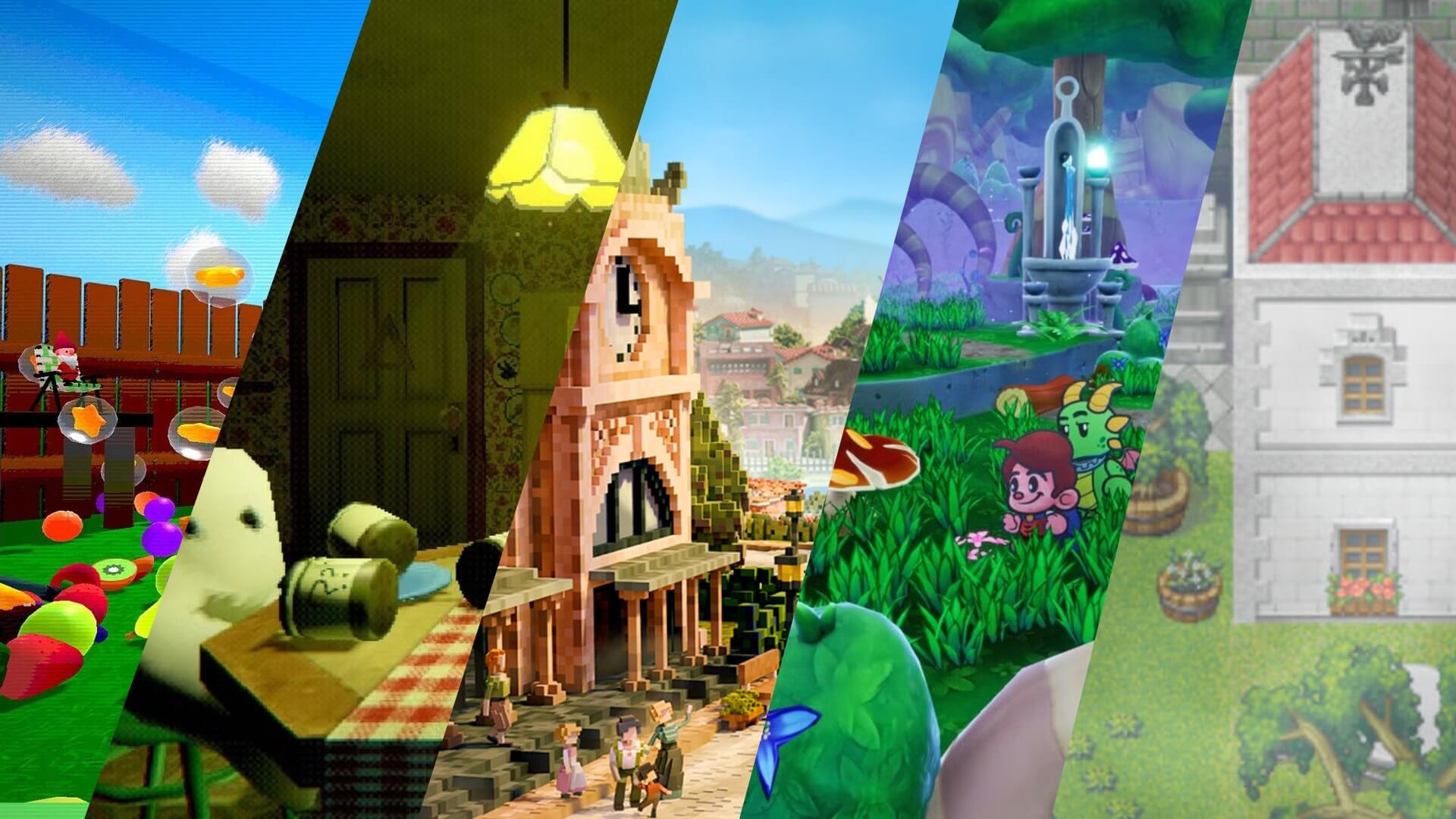 5 Indie Games to Play This Summer featured image with colorful farming, cooking, berry garden, fantasy adventure, and Mediterranean town scenes